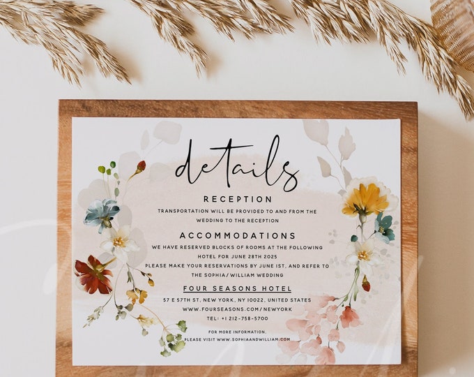 Marsala Wedding Details Card Template, Garden Flowers Wedding Accommodations Card Template, Floral Wedding Details Card Instant Download F16