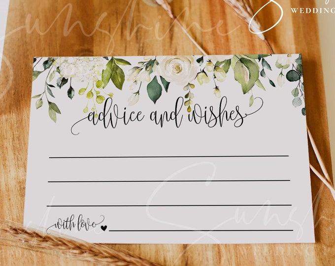 White Floral Wedding Advice Card | Editable Templett Template | Bridal Shower Game | Instant Download | Printable Advice for Couple | F7