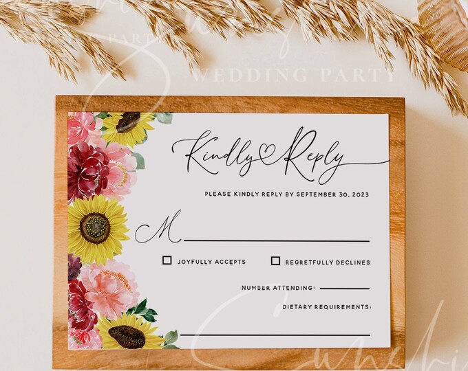 Sunflower Burgundy Wedding RSVP Template, Printable Wedding RSVP Card, Editable RSVP, Boho Floral Wedding, Instant Download, Templett, F12