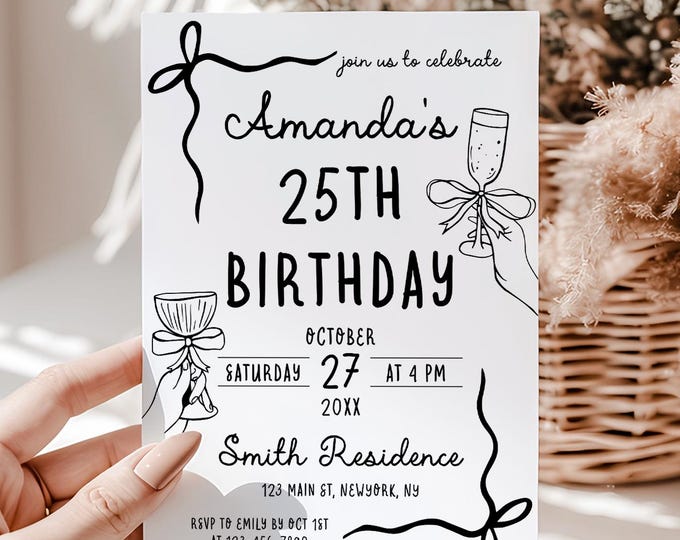 Adult Birthday Party Invitation Template | DIY Editable Whimsical Handwritten Bow Tie Invitation | Printable 25th Birthday Party Invite | W2