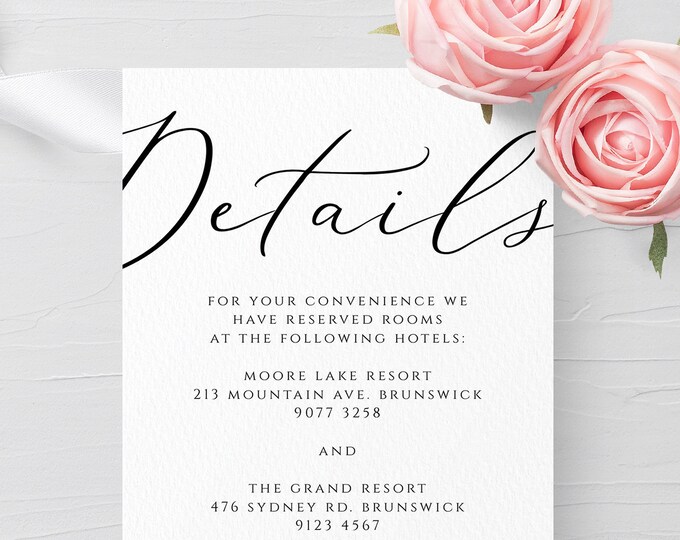 Wedding Details Card Template Fully Editable Printable Wedding Information Card Wedding Accommodations Card Template Templett Calligraphy R3