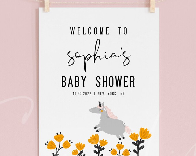 Baby Shower Welcome Sign | Editable Unicorn Baby Shower Poster | Templett Template | Instant Download | Printable Sign | Boho Baby Decor |B2