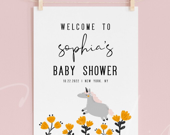 Unicorn Baby Shower Welcome Sign Template, Bohemian Unicorn Baby Shower Welcome Sign, Baby Shower Welcome Board, Instant Download, B2