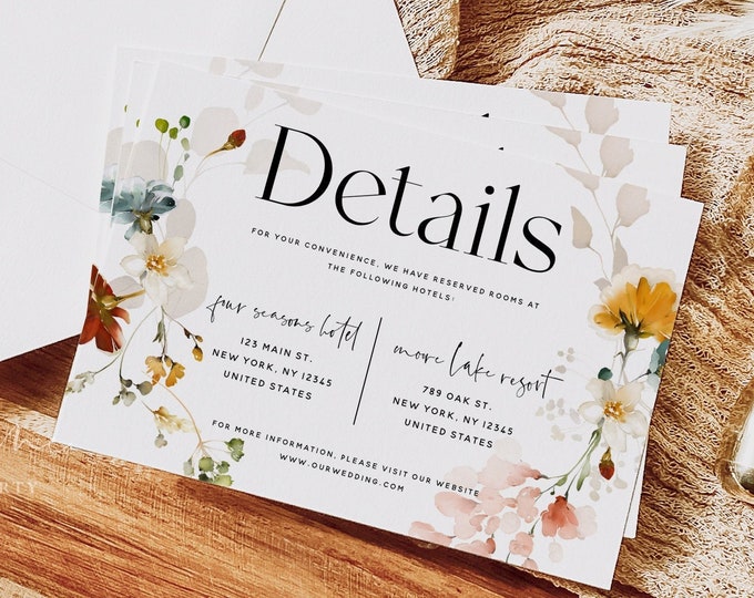 Wedding Details Card Template, Garden Flowers, Wedding Accommodations Card Template, Details Cards, Bohemian Wedding, Instant Download, F16