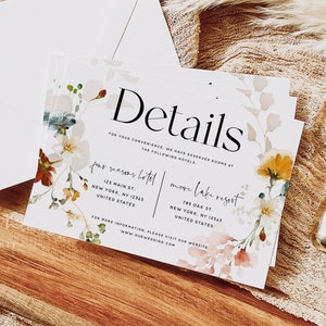 Wedding Details Card Template, Garden Flowers, Wedding Accommodations Card Template, Details Cards, Bohemian Wedding, Instant Download, F16