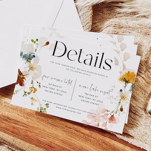 Modèle de carte de détails de mariage, fleurs de jardin, modèle de carte de chambres de mariage, cartes de détails, mariage bohème, téléchargement immédiat, F16