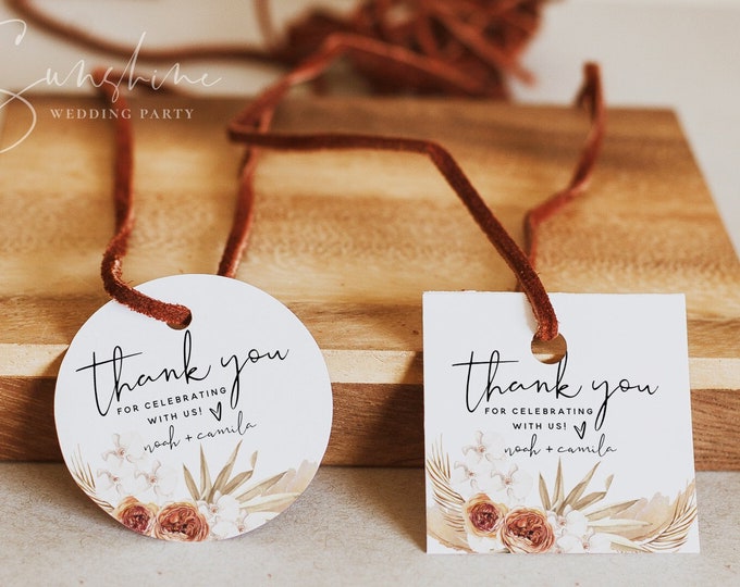 Terracotta Wedding Thank You Favor Tags Template, Pampas Grass, Square and Circle Thank You Favor Tags, Printable Tags, Editable Tags, T4