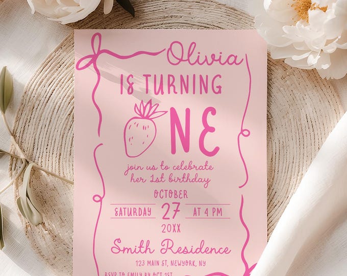 Pink First Birthday Invitation Template | Editable Strawberry ONE Invite | Girl 1st Birthday | Whimsical Handwritten Bow Tie Invitation | W2