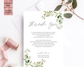 Greenery Wedding Thank You Card Template Printable Green Leaves Handwritten Font Thank You Card Editable PDF file Instant Digital Download