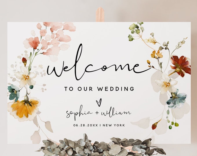 Garden Flowers Wedding Welcome Sign Template, Bohemian Wedding, Marsala Wedding, Editable Template, Instant Download, F16