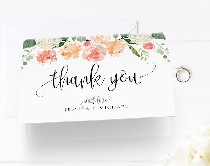 Thank You Card Template, Printable Peach Florals Wedding / Bridal Shower Folded Note Card, INSTANT DOWNLOAD, Editable Text, DIY Template, F1