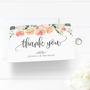 Modèle de carte de remerciement, imprimable fleurs pêche mariage / douche nuptiale carte de correspondance pliée, téléchargement immédiat, texte modifiable, modèle DIY, F1