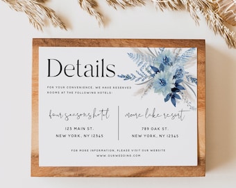 Wedding Details Card Template, Dusty Blue Wedding, Wedding Accommodations Card Template, Boho Wedding, Details Card, Instant Download, F20