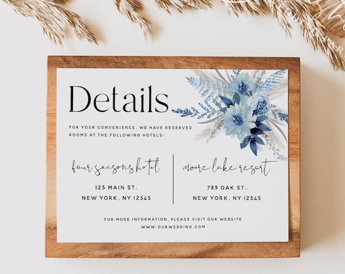 Wedding Details Card Template, Dusty Blue Wedding, Wedding Accommodations Card Template, Boho Wedding, Details Card, Instant Download, F20