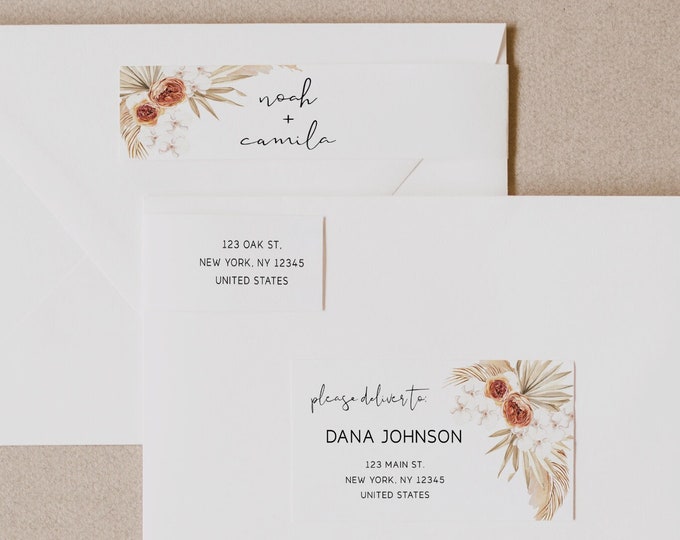 Terracotta Wedding Envelope Address Label Template, Pampas Grass, Envelope Return Sticker, Recipient Address Sticker, Digital Download, T4