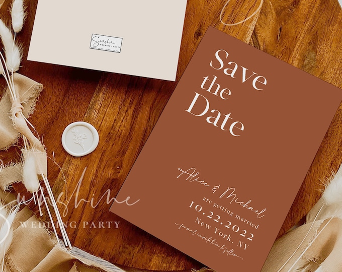 Terracotta Save the Date Template, Printable Burnt Orange Save the Date, Modern Wedding, Minimalist Boho Rustic, Instant, Templett, T1