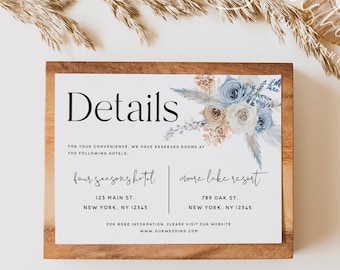 Wedding Details Card Template, Dusty Blue Champagne, Wedding Accommodations Card Template, Boho Wedding, Details Card, Instant Download, F23