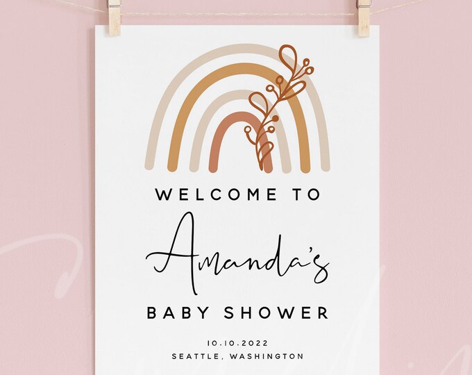Rainbow Baby Shower Welcome Sign | Editable Boho Template | Templett | Instant Download | Printable Poster | Gender Neutral | Baby Decor |B1