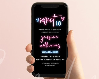 Quinceañera Sweet 16 Evite | Editable Neon Party Invite Template | Instant Download | Templett | Digital Invitation | Printable Birthday