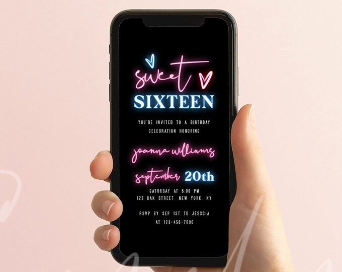 Neon Sweet 16 Invitation | Editable Quinceañera Invite | Digital Party Template | Templett Download | Glow Party | Instant Access | Neon