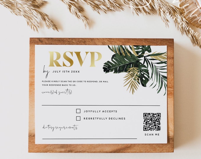 Tropical Greenery RSVP Card Template, QR Code RSVP Card, Monstera Wedding, Wedding Reply Cards, Editable Template, Digital Download, TG1