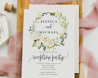 Wedding Reception Invitation Template, White Floral Marsala, Printable Wedding Reception, Greenery Wedding, Instant Download, Templett, F7