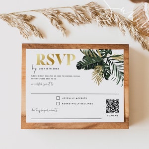 RSVP-kaartsjabloon tropisch groen, QR-code RSVP-kaart, Monstera Wedding, antwoordkaarten bruiloft, bewerkbare sjabloon, digitale download, TG1