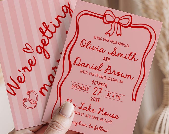 Editable Whimsical Wedding Invitation Template | Handwritten Invitation | Modern Wedding Invite | Illustrated Bow Tie Wedding Invitation W2