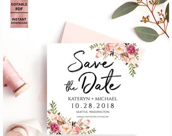 Floral Save The Date PDF Template Printable Handwritten Font Wedding Save the Date 5x5 Template Editable PDF file Digital PDF Download