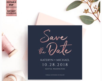 Navy Blue Rose Gold Save The Date PDF Template Printable Handwritten Font Wedding Save the Date 5x5 Template Editable PDF Digital Download