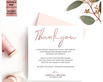 Rose Gold Thank You Card Template 5x5 Printable Handwritten Font Wedding Thank You Card Template Editable PDF file PDF Digital Download