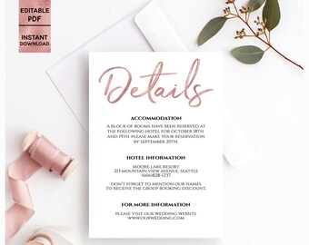 Rose Gold Wedding Details Card Template 4x6 Printable Enclosure Card Handwritten font Editable Wedding Template PDF Digital Download