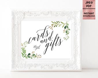 Green Leaves Cards and Gifts Table Sign, Printable 5x7 8x10 Wedding Table Sign, Script Font Wedding Sign, JPEG PDF File, Digital Download