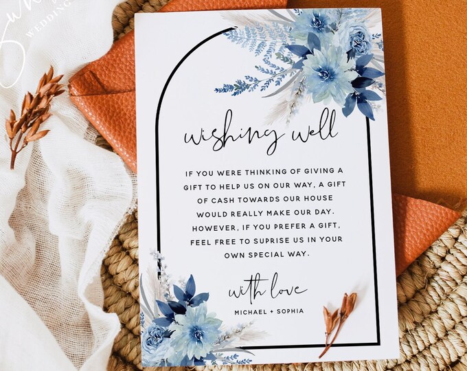 Dusty Blue Floral Wedding Wishing Well Card Template, Bohemian Wedding, Wishing Well Sign, Wishing Well Card, DIY Editable Template, F20