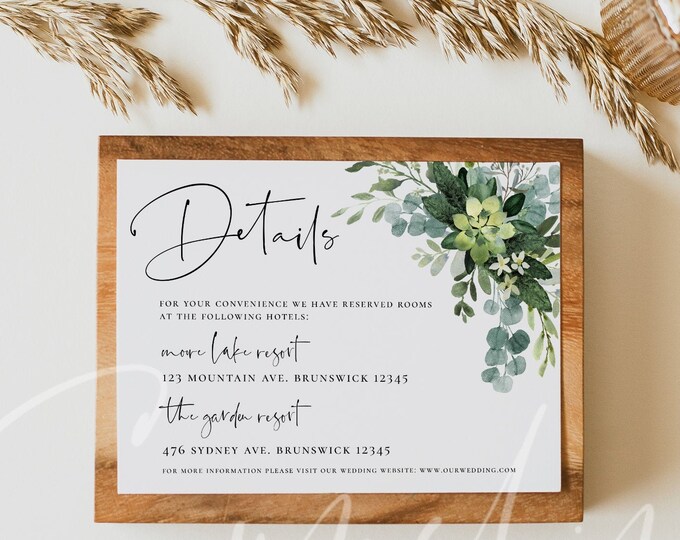 Greenery Wedding Details Card Eucalyptus Greenery Accommodations Card Template Printable Greenery Details Cards Instant Download Templett G3