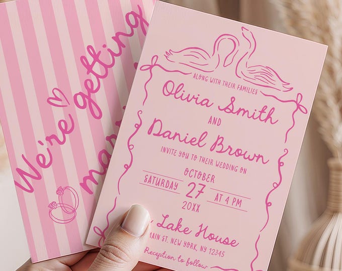 Editable Whimsical Wedding Invitation Template | Handwritten Invitation | Modern Wedding Invite | Illustrated Swan Wedding Invitation | W2