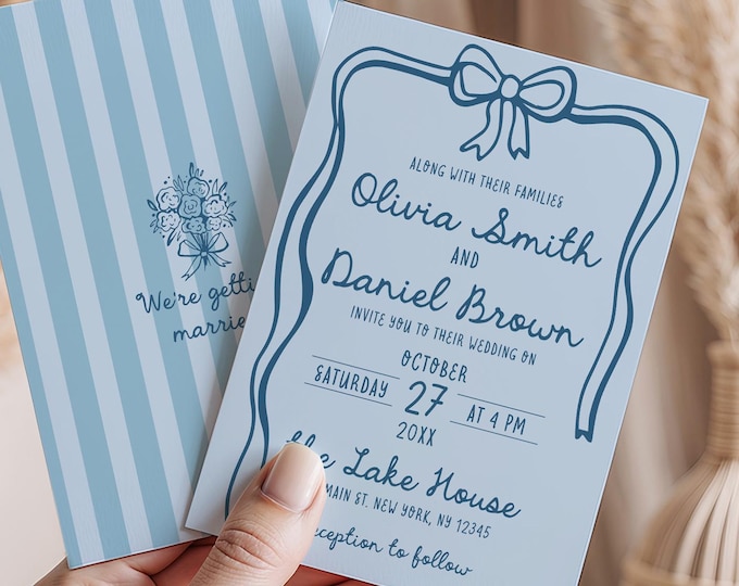 Editable Whimsical Wedding Invitation Template | Handwritten Invitation | Modern Wedding Invite | Illustrated Bow Tie Wedding Invitation W2