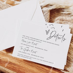 Modelo de cartão de detalhes de casamento moderno, modelo de cartão de acomodações de casamento minimalista, cartão de detalhes de casamento, download instantâneo, Templett, M7