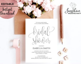 Silver Foil Script Font White Bridal Shower Invitation Template Printable 5x7 Bridal Shower Invitation Editable PDF Digital Download