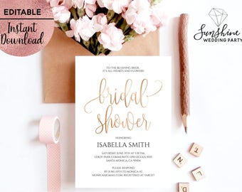 Gold Foil Script Font Bridal Shower Invitation Template Printable White 5x7 Bridal Shower Invitation Editable PDF file Digital Download