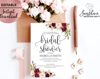 Floral Bridal Shower Invitation Template Printable 5x7 Script Font Bridal Shower Invitation Template Editable PDF file Digital Download