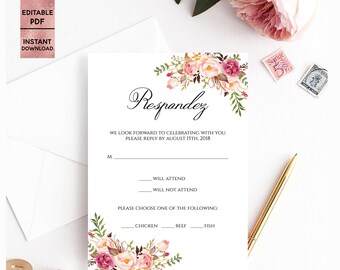 Floral Wedding RSVP Template Printable Handwritten Font Pink Floral Wedding RSVP Editable PDF file Instant Download Digital Download
