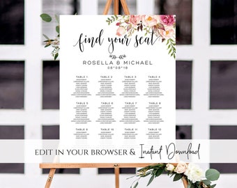 Find Your Seat Sign Floral Wedding Seating Chart Sign Script Font Seating Chart Template Seating Board Instant Download Seating Sign Board