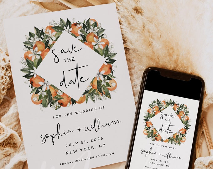 Save the Date Template, Citrus Orange Wedding Save the Date Card, Electronic Save the Date Template, Save the Date, Instant Download, C2