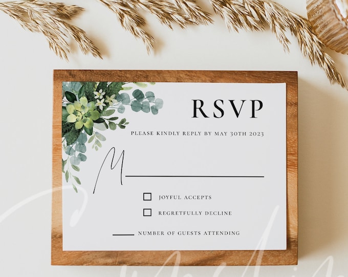 Greenery Wedding RSVP Cards, Eucalyptus Greenery Wedding RSVP Template, Printable Greenery Kindly Reply Cards, Instant Download, Templett G3