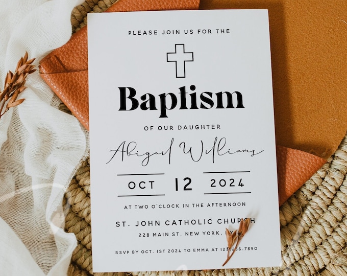 Baptism Invitation Template, Minimalist Baptism Invitation Cards, Christening Invitation Modern Baptism Invite Template Instant Download M11