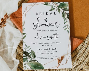 Greenery Bridal Shower Invitation | Editable Template | Modern Bride Invite | DIY Bridal Shower Card | Instant Download via Templett | G5