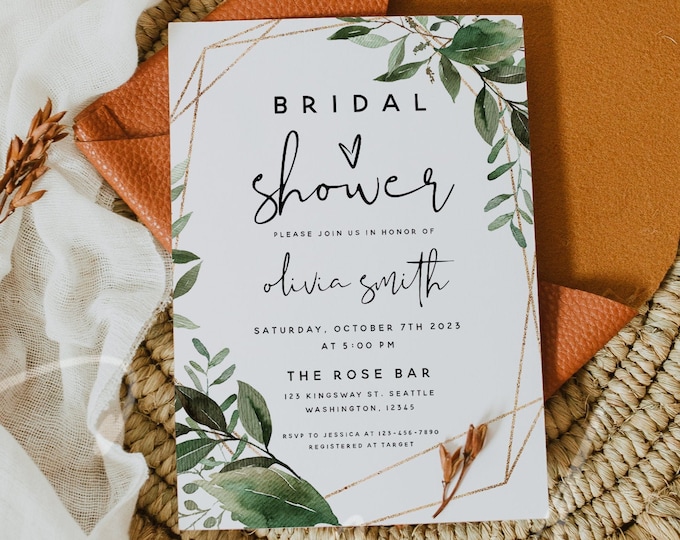 Greenery Bridal Shower Invitation | Editable Template | Modern Bride Invite | DIY Bridal Shower Card | Instant Download via Templett | G5