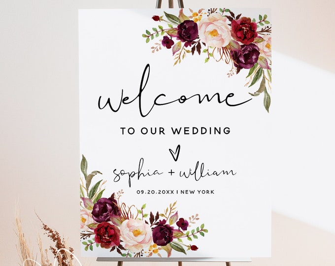 Marsala Wedding Welcome Sign Template, Welcome Sign for Wedding, Bohemian Wedding, Floral Wedding, Editable Template, Instant Download, F2