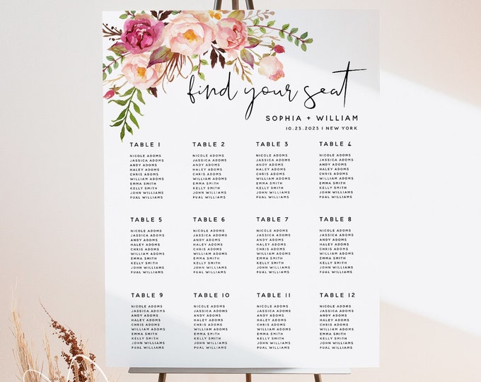 Marsala Wedding Seating Chart Sign Template, Floral Seating Board, Wedding Seating Chart Sign, Editable Template, Instant Download, F4